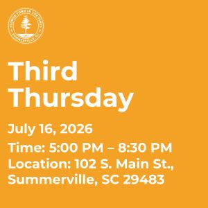 Event announcement for Third Thursday on July 16, 2026, from 5:00 PM to 8:30 PM at 102 S. Main St., Summerville, SC.