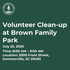 Volunteer clean-up event at Brown Family Park, July 25, 2026, from 8:00 AM to 9:00 AM.