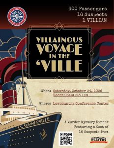 Promotional poster for a murder mystery dinner on the S.S. Summerville, featuring 16 suspects. Event details included.