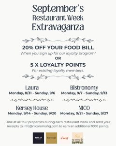 September's Restaurant Week offers discounts and loyalty points at four locations. Dates and details listed.
