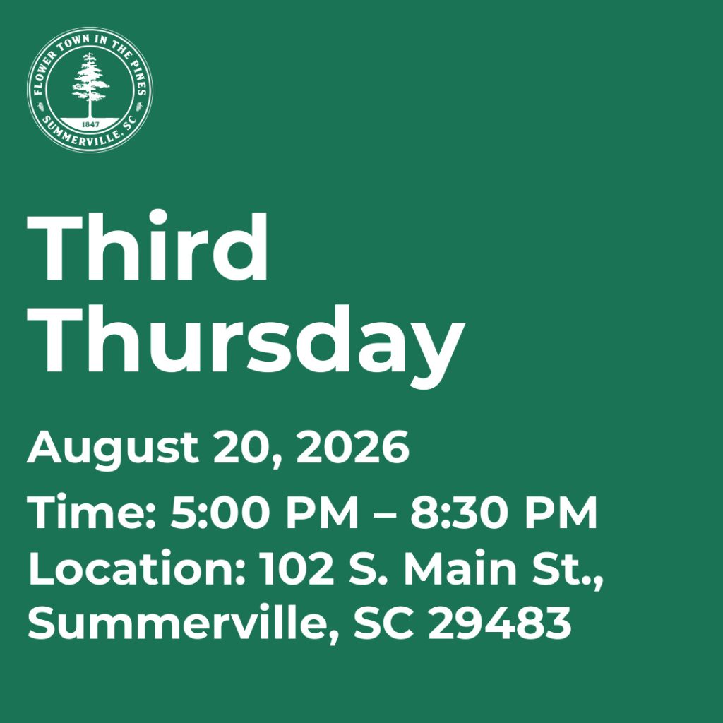 Event announcement for Third Thursday on August 20, 2026, from 5:00 PM to 8:30 PM in Summerville, SC.