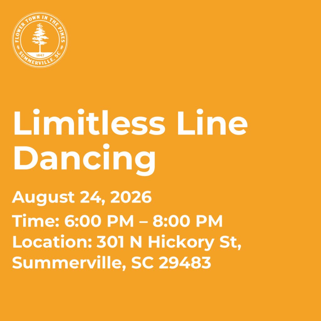 Event announcement for Limitless Line Dancing on August 24, 2026, from 6 PM to 8 PM in Summerville, SC.