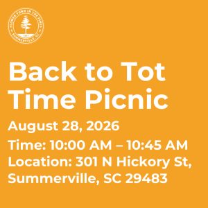 Event details for "Back to Tot Time Picnic" on August 28, 2026, from 10:00 AM to 10:45 AM in Summerville, SC.