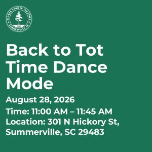 Event details for "Back to Tot Time Dance Mode" on August 28, 2026, from 11:00 AM to 11:45 AM in Summerville, SC.