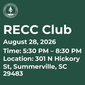 Event details for RECC Club on August 28, 2026, from 5:30 PM to 8:30 PM at 301 N Hickory St, Summerville, SC.