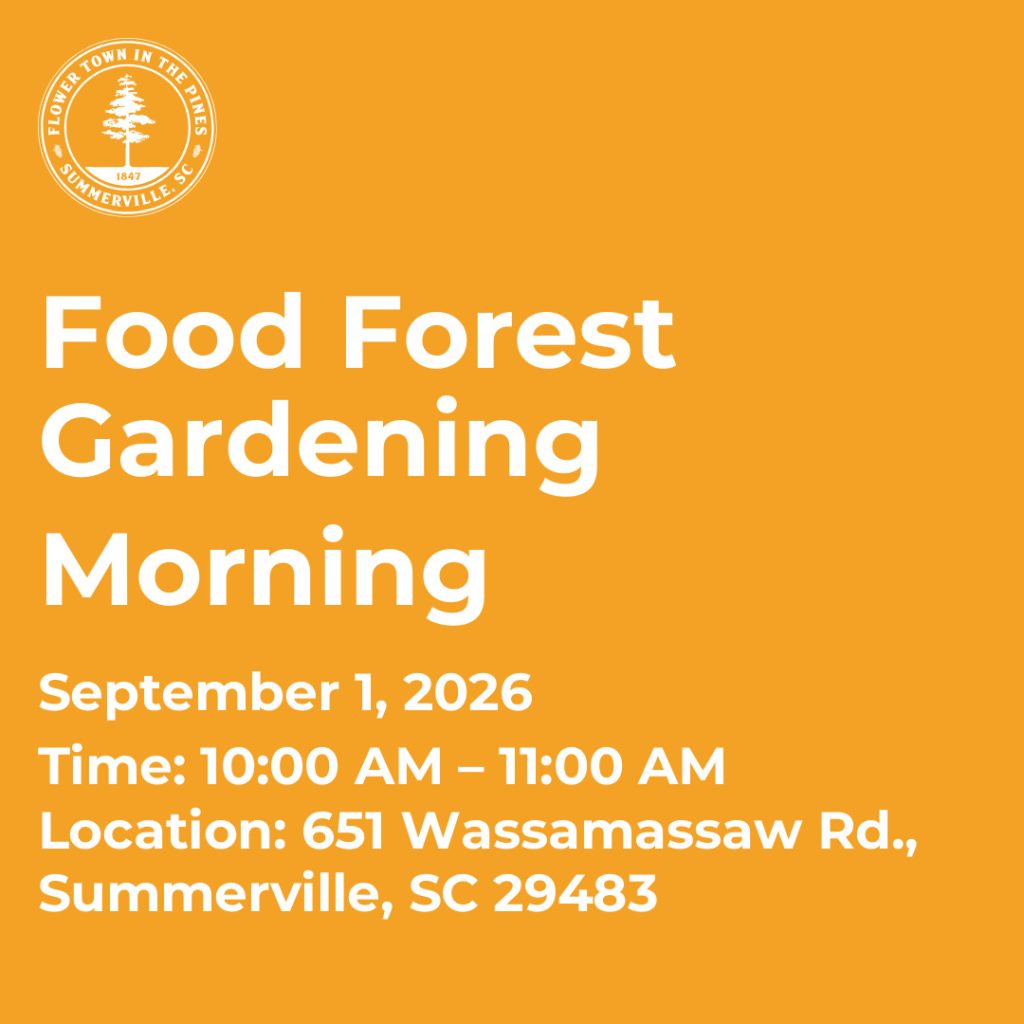 Event announcement for Food Forest Gardening on September 1, 2026, from 10:00 AM to 11:00 AM in Summerville, SC.