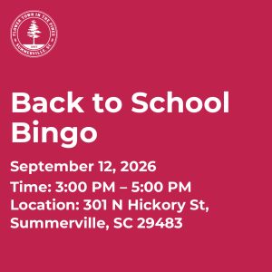 Event details for Back to School Bingo on September 12, 2026, from 3:00 PM to 5:00 PM in Summerville, SC.