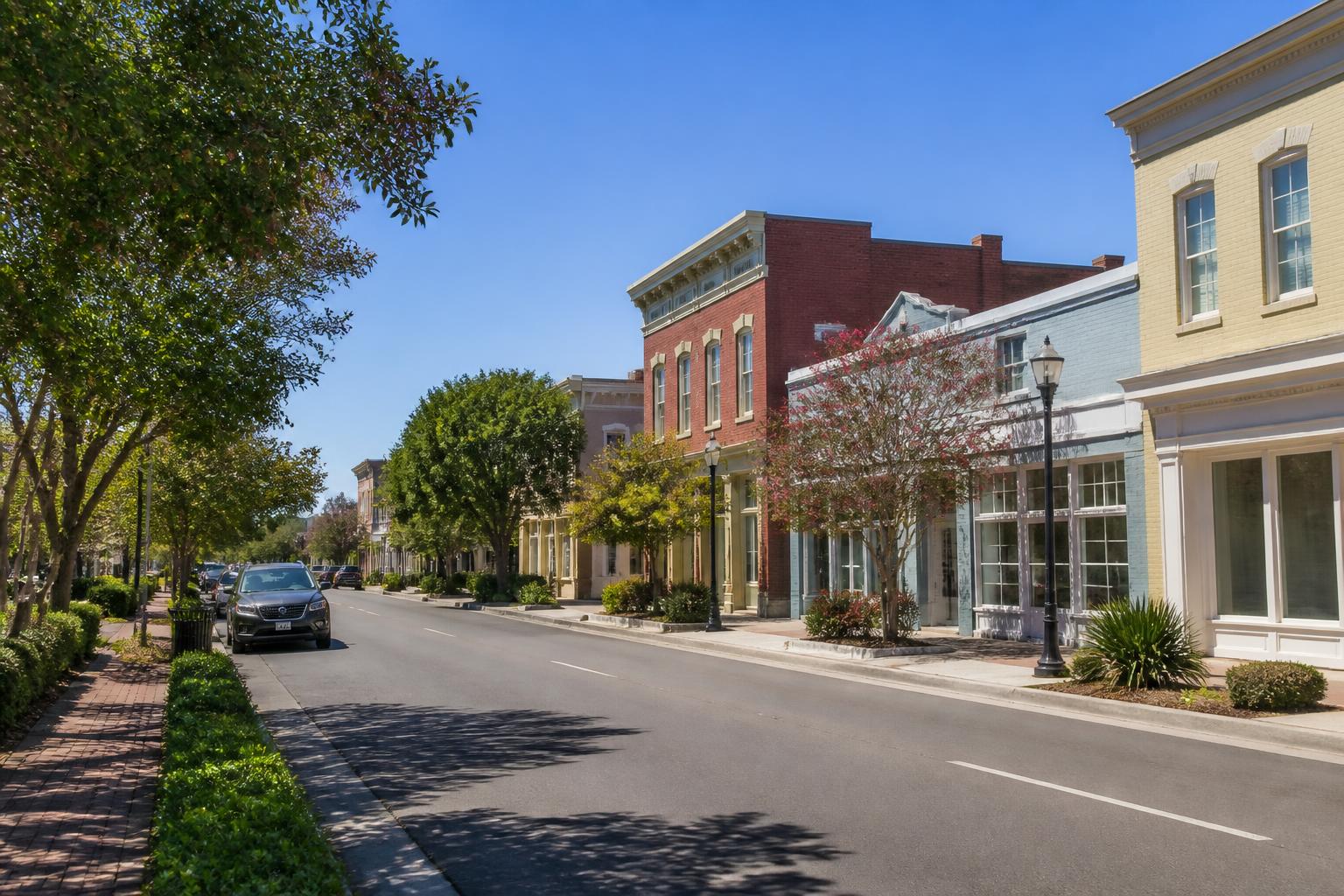 Sunny street in Summerville, SC, lined with trees and historic buildings. Cars parked along the road.