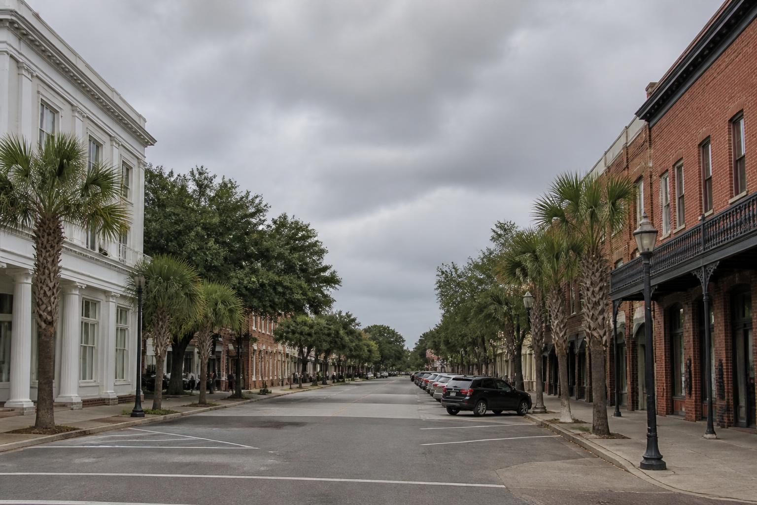 Cloudy street view in Summerville, SC, lined with palm trees and parked cars.