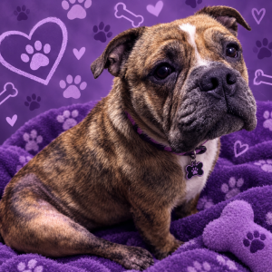 Brindle dog sits on a purple blanket with paw prints, surrounded by hearts and bones.