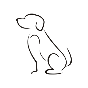 A simple line drawing of a sitting dog, facing to the right.