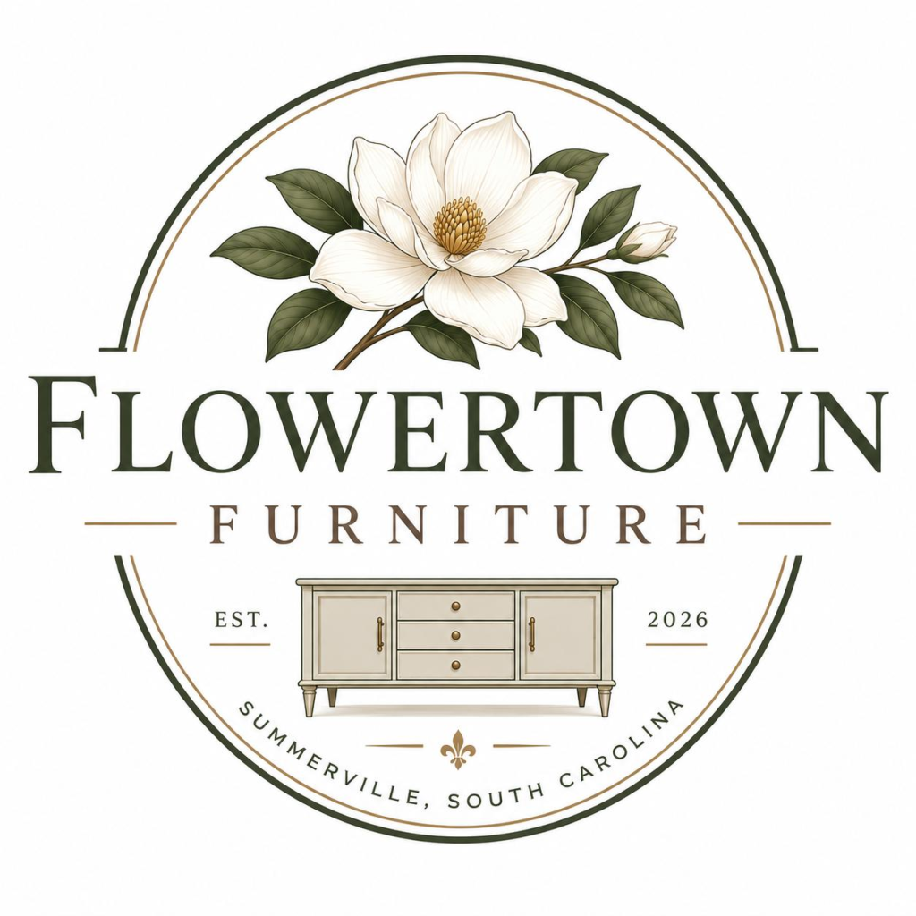 Logo for Flowertown Furniture featuring a magnolia flower and a furniture piece, established 2026 in Summerville, South Carolina.
