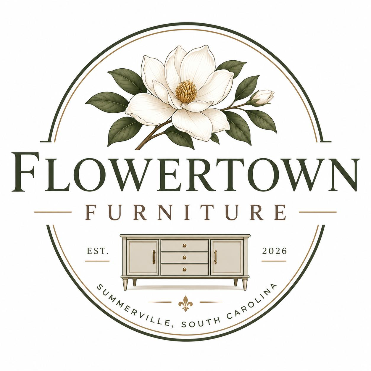 Logo for Flowertown Furniture featuring a magnolia flower and a furniture piece, established 2026 in Summerville, South Carolina.