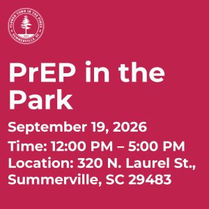 Event announcement for PrEP in the Park on September 19, 2026, from 12 PM to 5 PM in Summerville, SC.