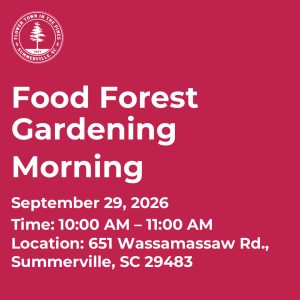 Event details for Food Forest Gardening on September 29, 2026, from 10:00 AM to 11:00 AM in Summerville, SC.