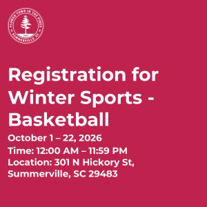 Registration details for winter basketball in Summerville, SC, from October 1 to 22, 2026.