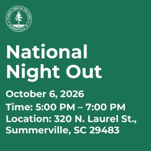 Event details for National Night Out on October 6, 2026, from 5:00 PM to 7:00 PM in Summerville, SC.