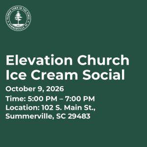 Event details for Elevation Church Ice Cream Social on October 9, 2026, from 5:00 PM to 7:00 PM at 102 S. Main St., Summerville, SC.