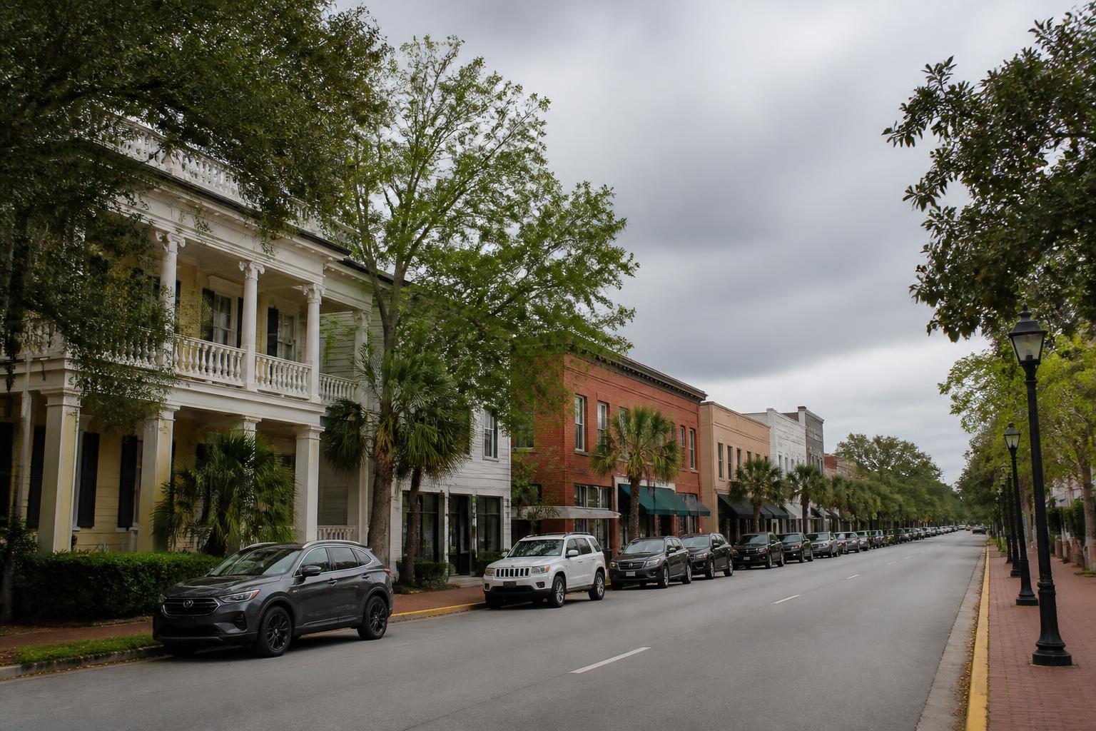 Historic buildings line a quiet street under overcast skies, with parked cars and palm trees visible.