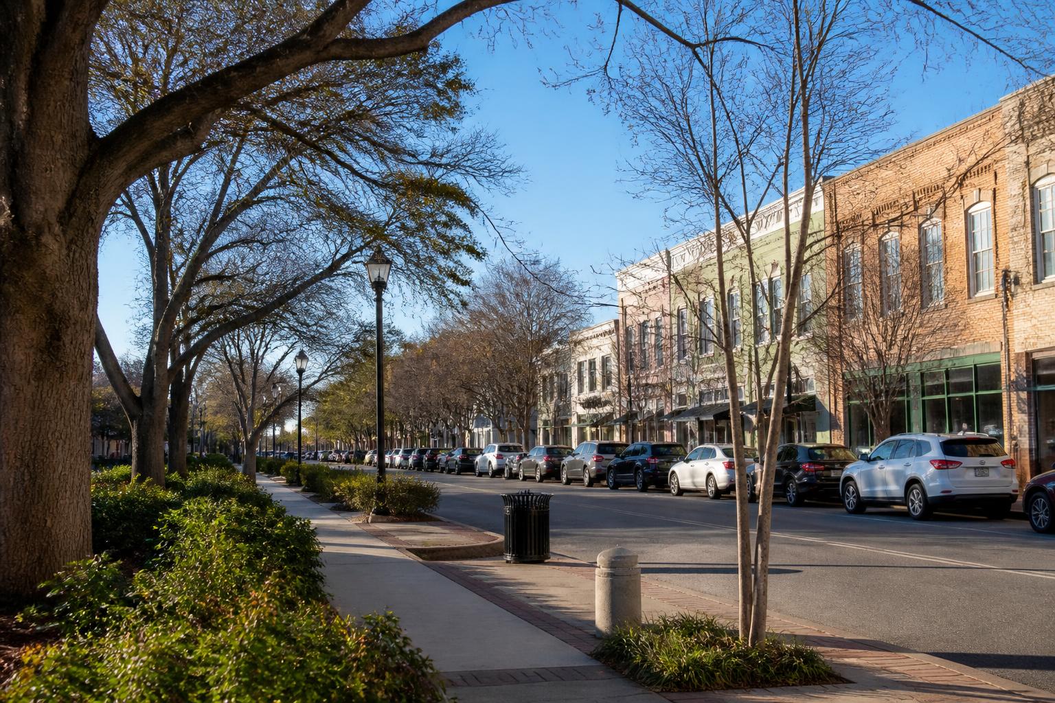 Tree-lined street with parked cars and historic buildings under a clear blue sky.