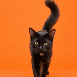 A black cat with yellow eyes walks toward the camera against an orange background.