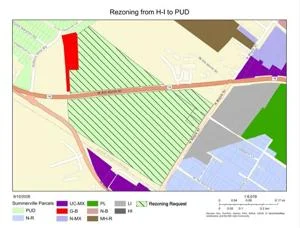 Map showing zoning changes from H-I to PUD, with colored areas indicating different zoning classifications.