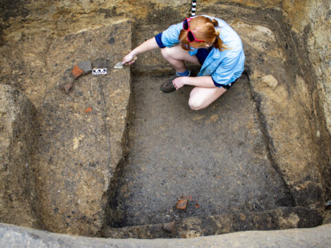 A person with red hair kneels in an excavation site, using a brush to uncover artifacts.