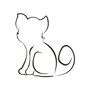 A simple line drawing of a cat sitting, facing left, with a curled tail and pointed ears.