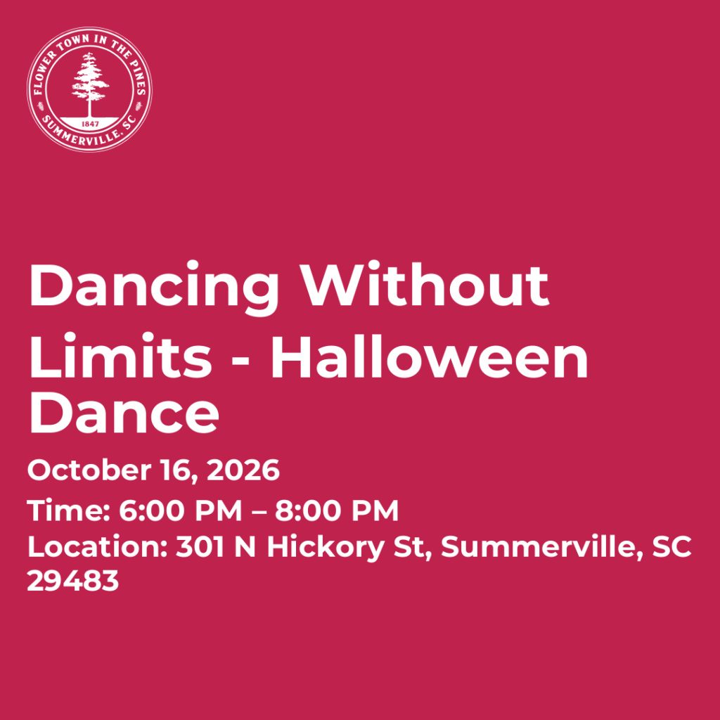 Event details for "Dancing Without Limits - Halloween Dance" on October 16, 2026, from 6 PM to 8 PM in Summerville, SC.