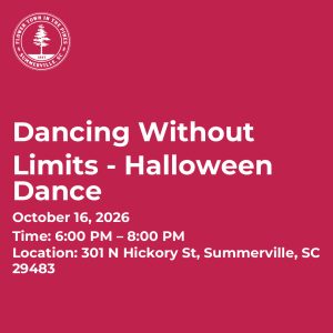 Event details for "Dancing Without Limits - Halloween Dance" on October 16, 2026, from 6 PM to 8 PM in Summerville, SC.