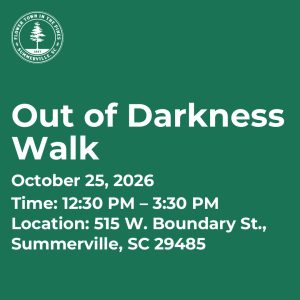 Event details for the Out of Darkness Walk on October 25, 2026, in Summerville, SC.
