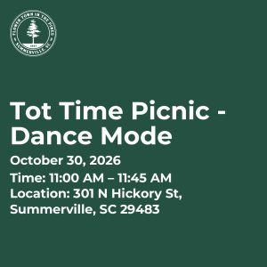 Event details for "Tot Time Picnic - Dance Mode" on October 30, 2026, at 301 N Hickory St, Summerville, SC.