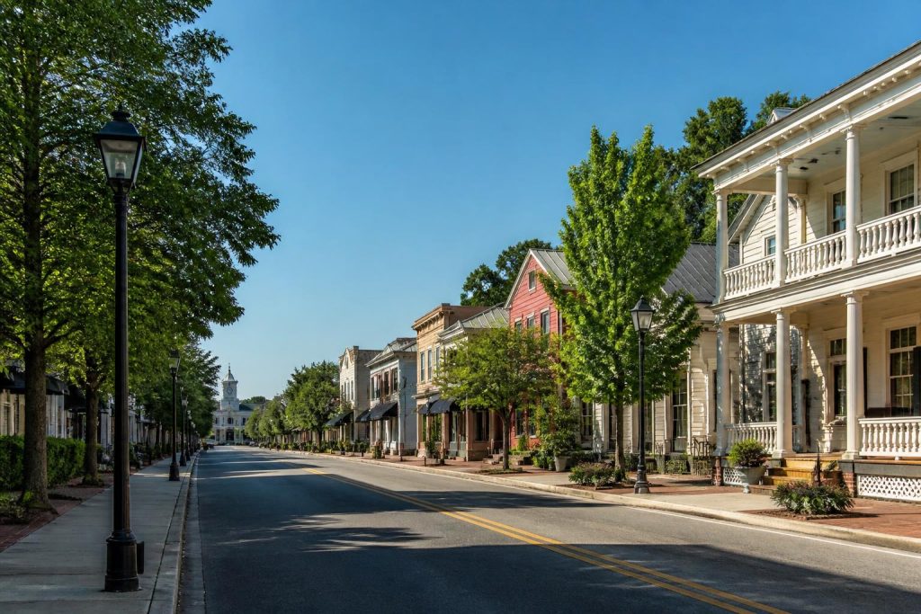 Tree-lined street with historic buildings and a clock tower in the distance under a clear blue sky.