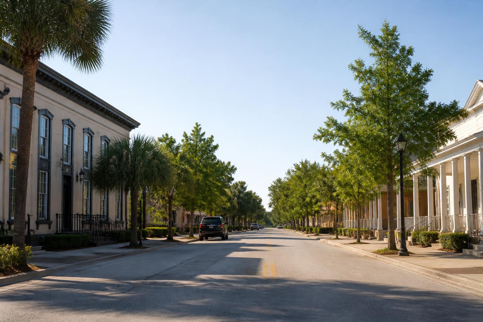 Tree-lined street in Summerville, SC, featuring historic buildings and parked cars under clear blue skies.