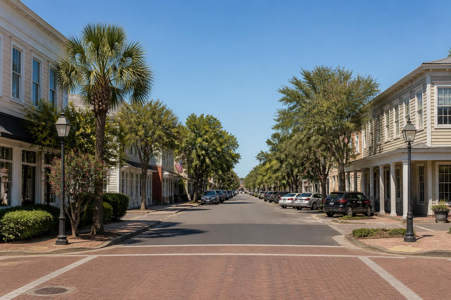 Tree-lined street in Summerville, SC, with parked cars and historic buildings under a clear blue sky.
